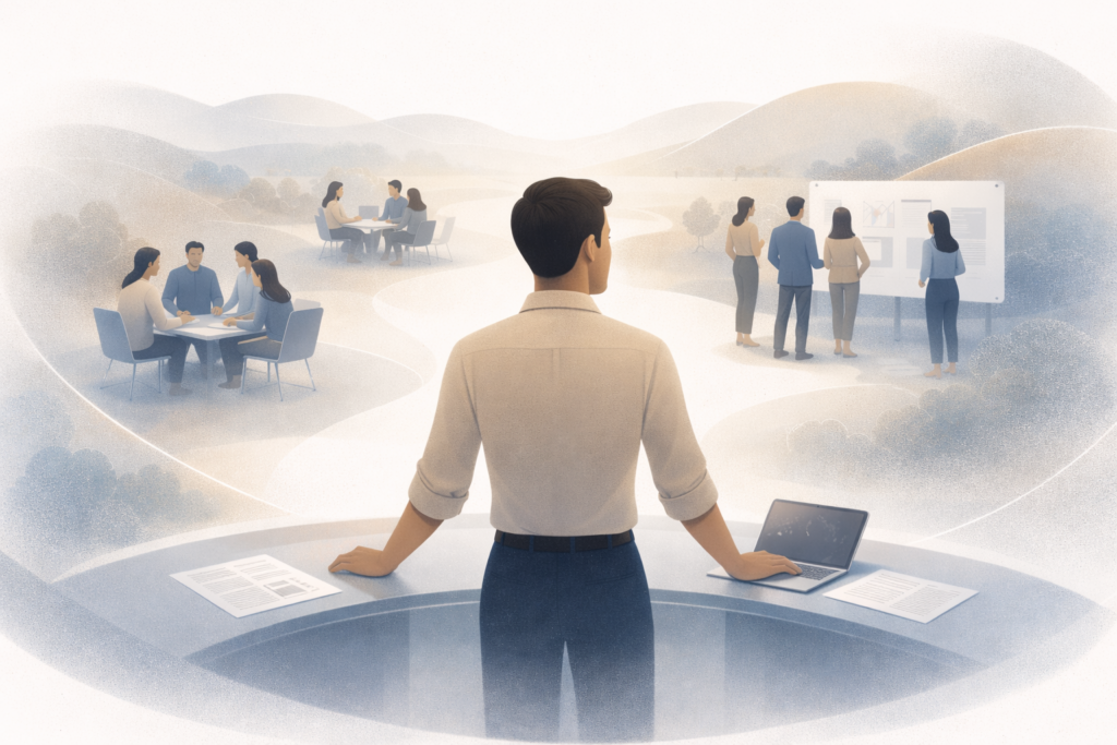 Menschenorientierte Illustration zur strategischen Verantwortung der Geschäftsführung bei Mitarbeiterbenefits