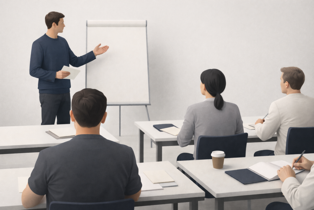 Illustration zu „Weiterbildung als Mitarbeiterbenefit“ mit geordneten, abstrakten Ebenen und Dokumenten